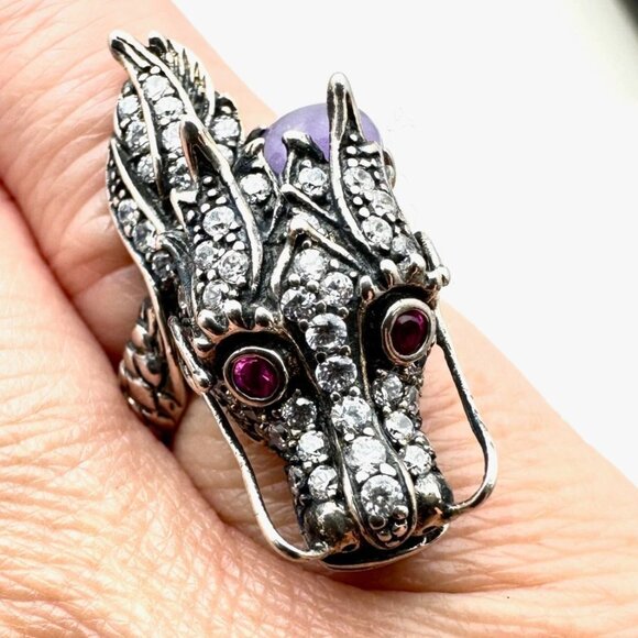Jade of Yesteryear Womens Ring Sterling Silver Purple Jade Ruby Eyes Size 6 - Picture 6 of 8